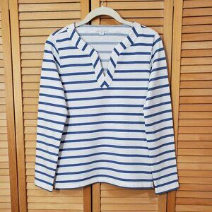 J. Jill White & Blue Striped Notch Neck French Terry Top XS